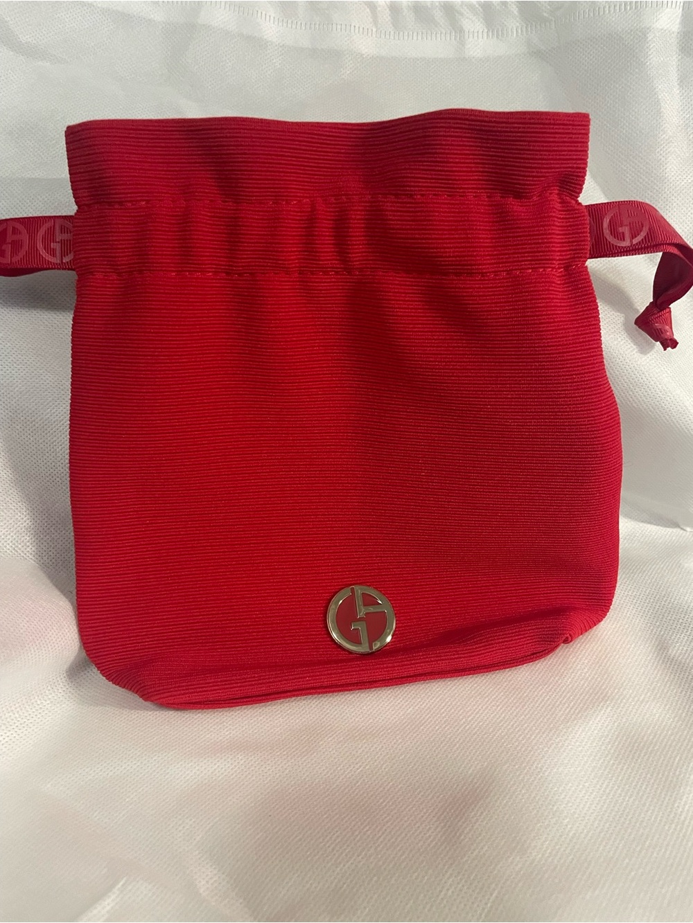 Giorgio Armani Red Drawstring Cosmetic Pouch with Logo Medallion